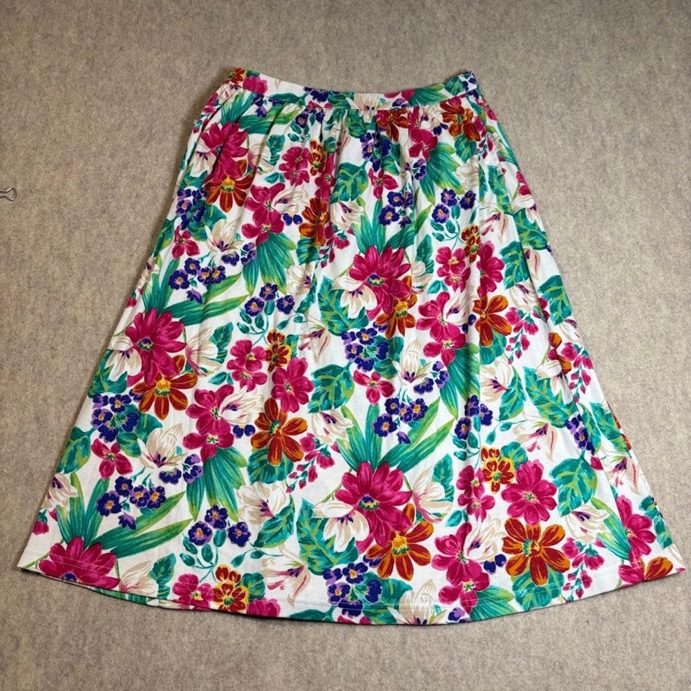 Koret Francisca Skirt Womens Medium White Floral Cotton Blend A-Line Vintage USA